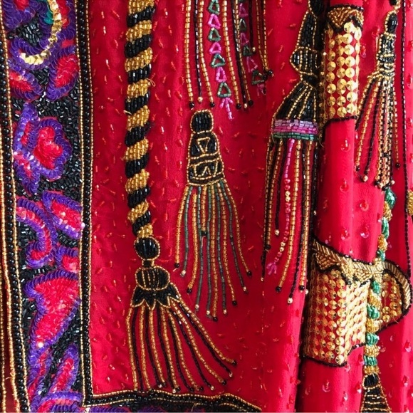 Vintage Niteline Red Sequined Holiday Jacket Tassels Silk Blazer 80s XL - Picture 7 of 9